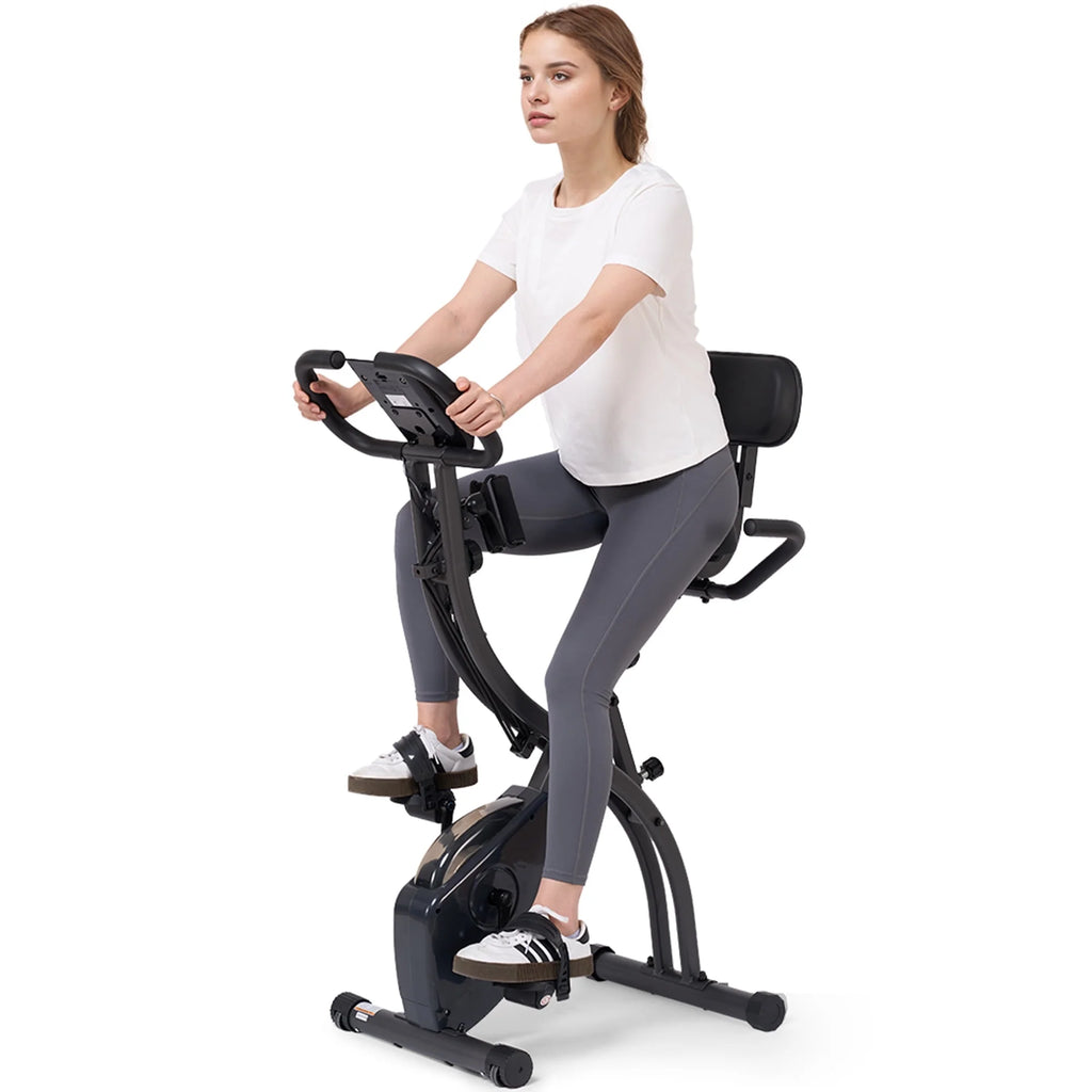 3 in 1 Exercise Bike Quiet Folding Magnetic Stationary Exercise Bikes with Arm Resistance Bands Home Workout Use
